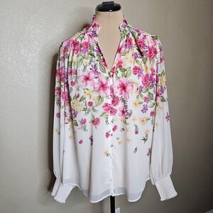 Joie Large Floral Print Chiffon Ruffle Neck Long Sleeve Blouse White Pink Purple